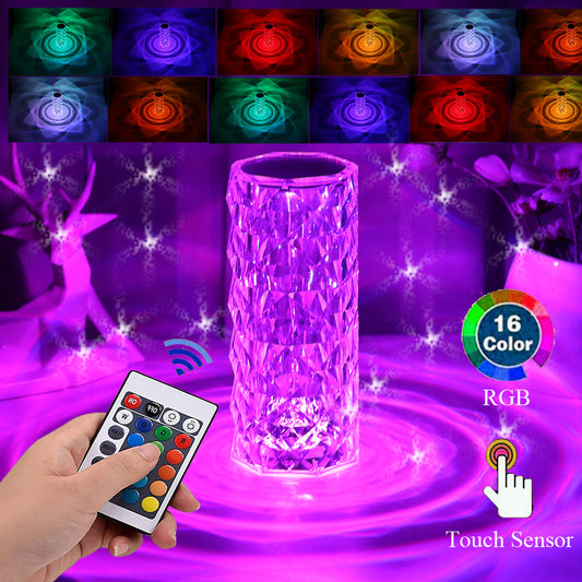 LÁMPARA LED DE MESA DE CRISTAL, LUZ DE ESCRITORIO DE DIAMANTE CON CARGA USB, CONTROL TÁCTIL, PROYECCIÓN DE AMBIENTE ROMÁNTICO, LUZ NOCTURNA USB, 3/16 COLORES